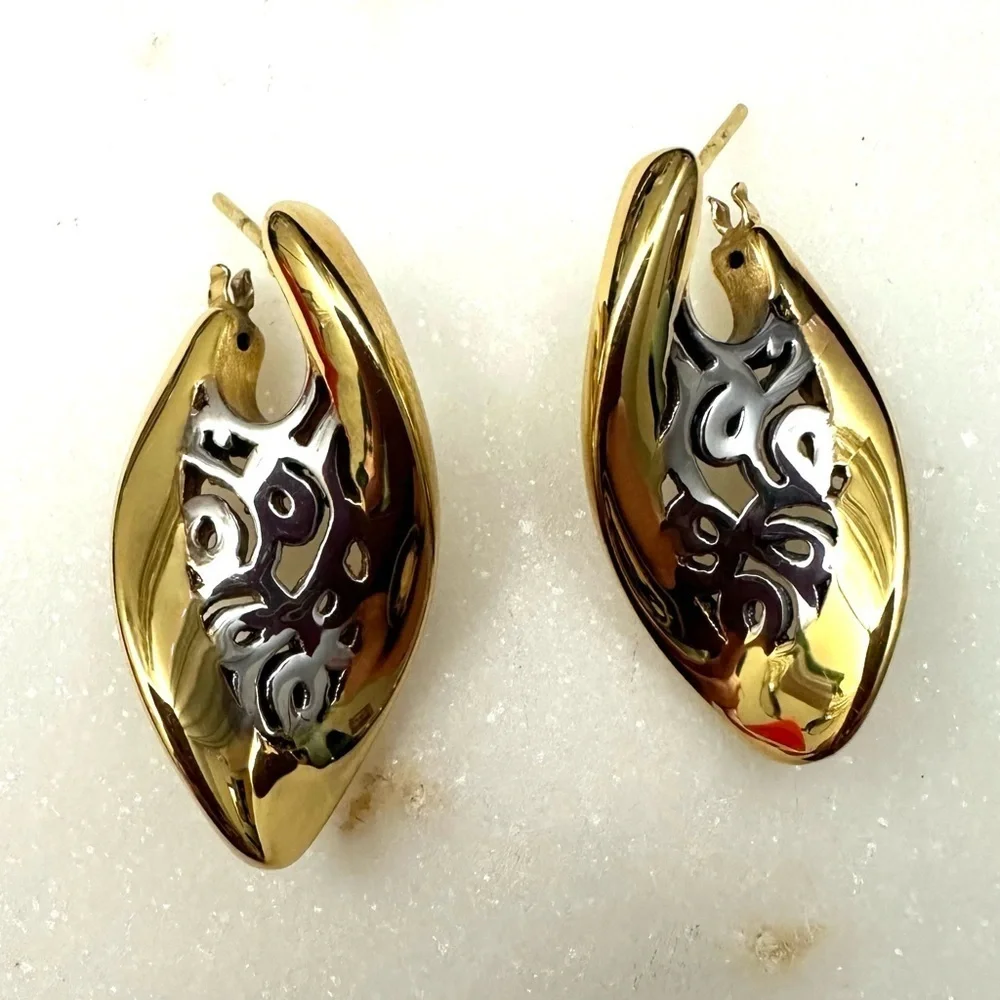 14k Golden Clef Arezzo Yellow & White Gold Polished Cutout Post Earrings 4.5g